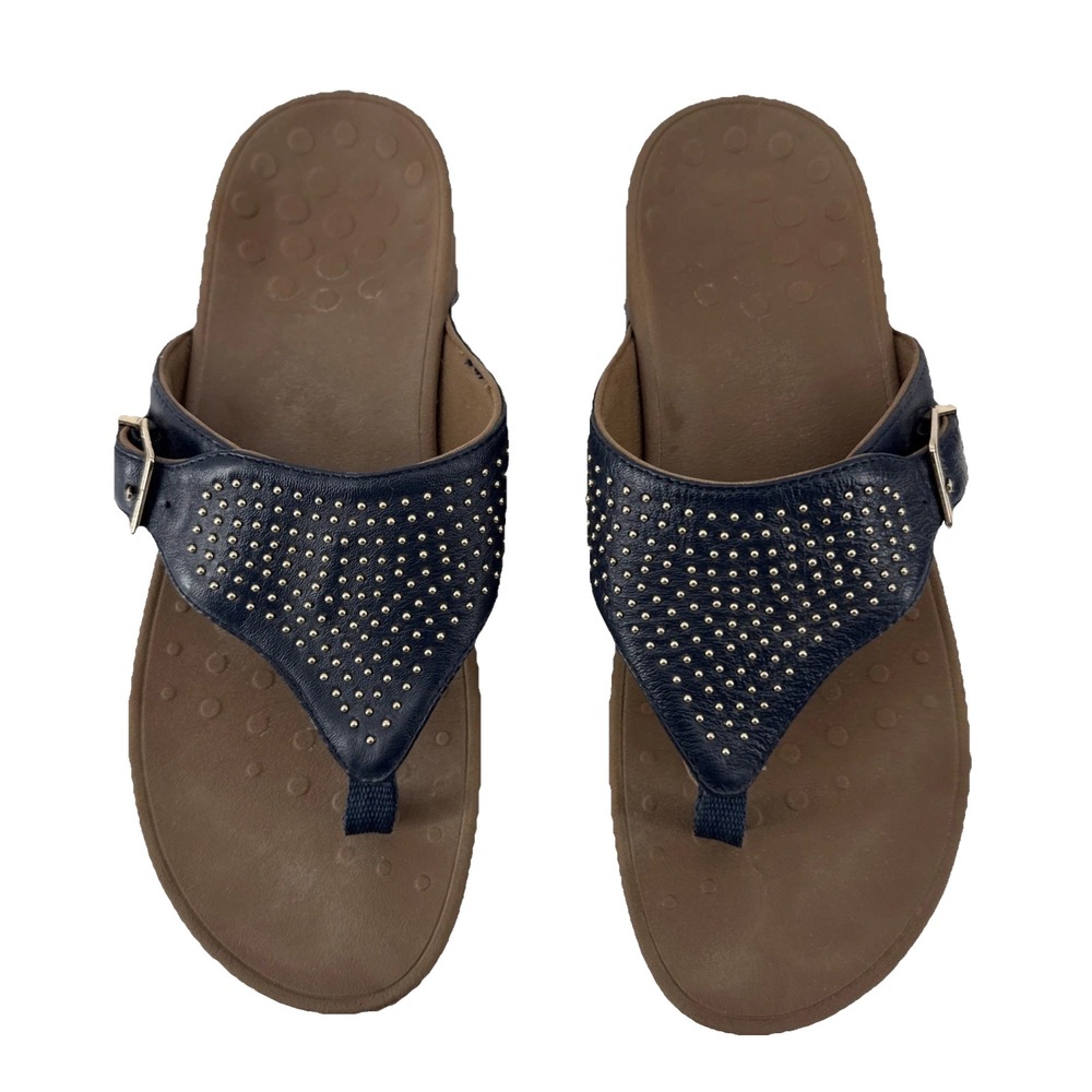 Vionic  Sandals Women 10 Navy Blue Studded Leather Platform Thong Orthotic